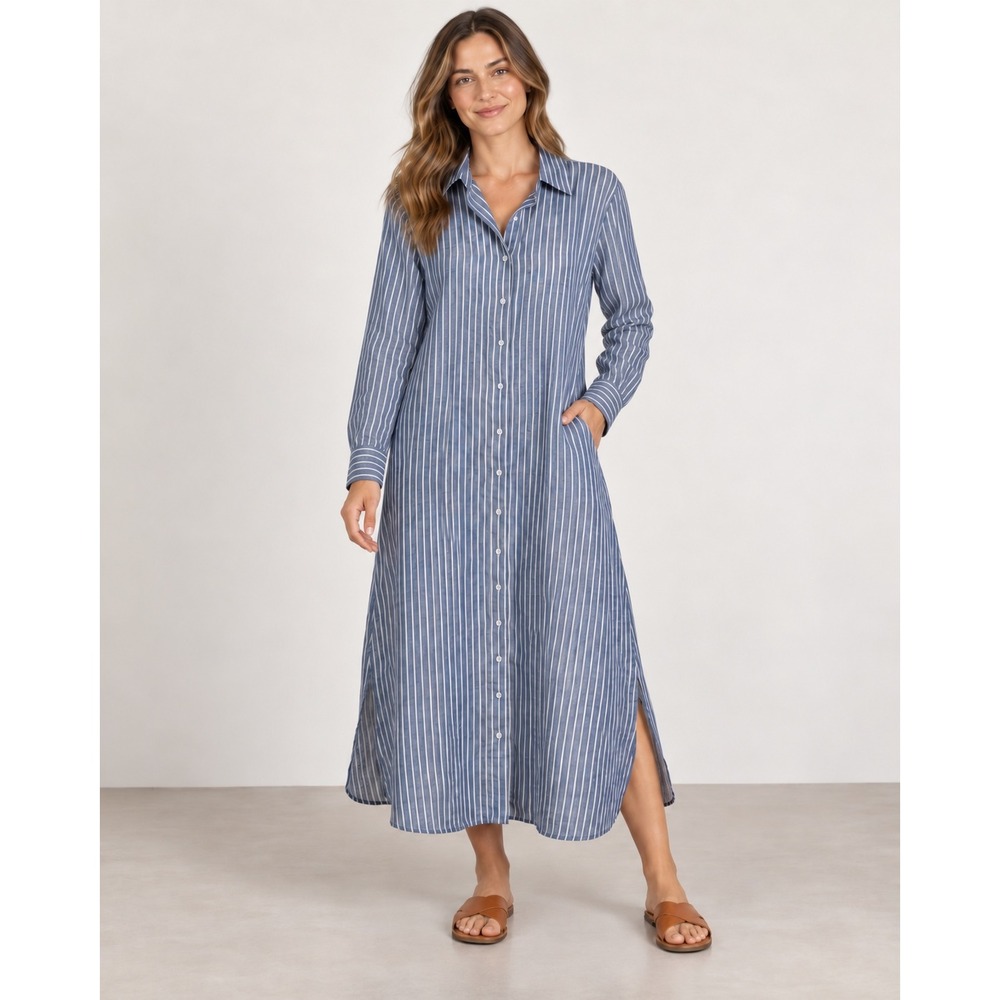 Lepogee Blue White Stripe Maxi Shirt Dress L Cotton/Linen Roll Tab Coastal Chic